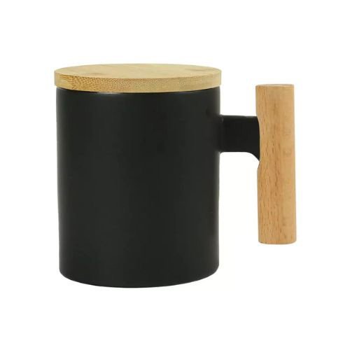 Ceramic Coffee Mugs with Bamboo Handle and Lid