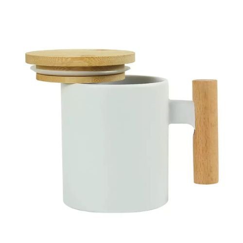 Ceramic Coffee Mugs with Bamboo Handle and Lid